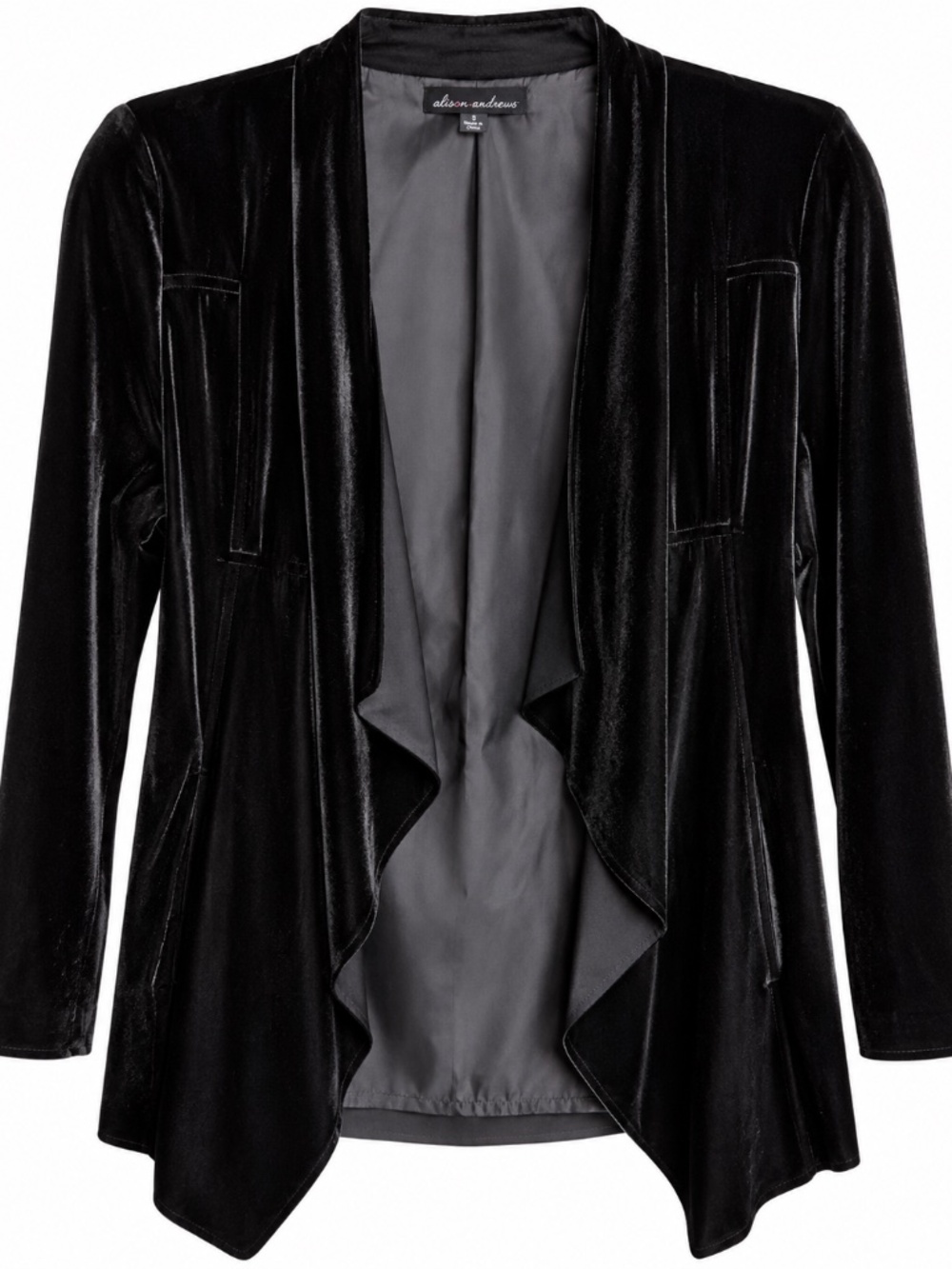 Alison Andrews - Black Velvet Draped Open Front Blazer - Size S